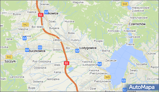 mapa Łodygowice powiat żywiecki, Łodygowice powiat żywiecki na mapie Targeo