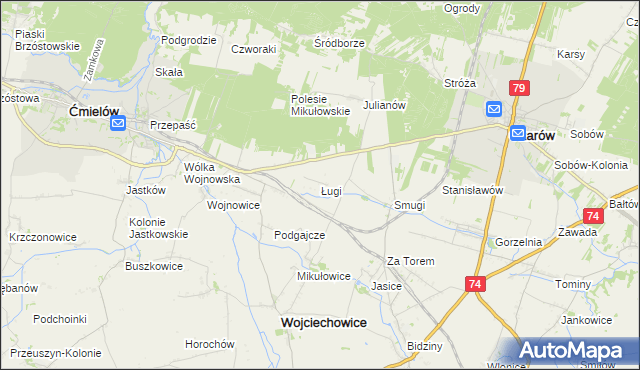 mapa Ługi gmina Wojciechowice, Ługi gmina Wojciechowice na mapie Targeo