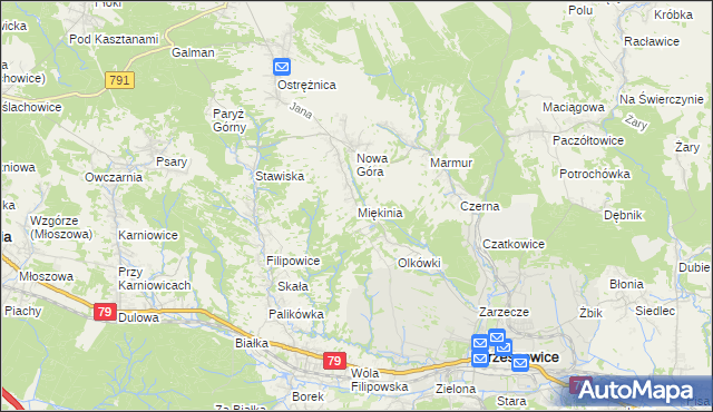 mapa Miękinia gmina Krzeszowice, Miękinia gmina Krzeszowice na mapie Targeo