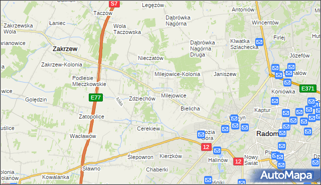 mapa Milejowice gmina Zakrzew, Milejowice gmina Zakrzew na mapie Targeo