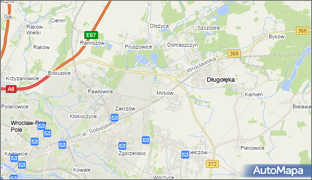 mapa Mirków gmina Długołęka, Mirków gmina Długołęka na mapie Targeo
