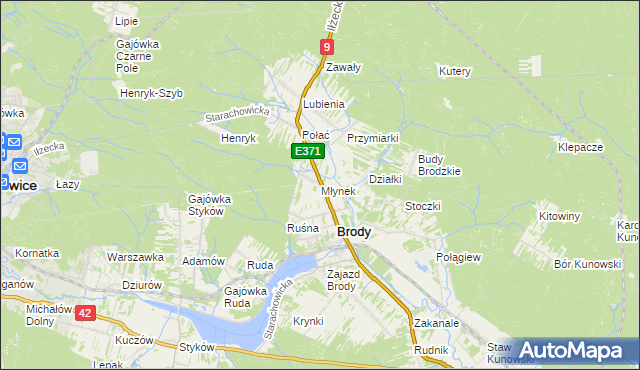 mapa Młynek gmina Brody, Młynek gmina Brody na mapie Targeo