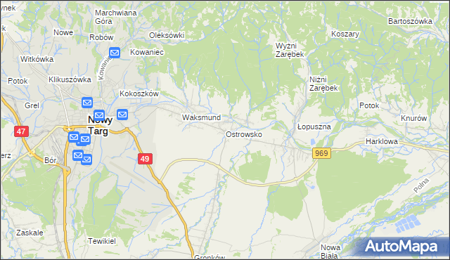 mapa Ostrowsko gmina Nowy Targ, Ostrowsko gmina Nowy Targ na mapie Targeo
