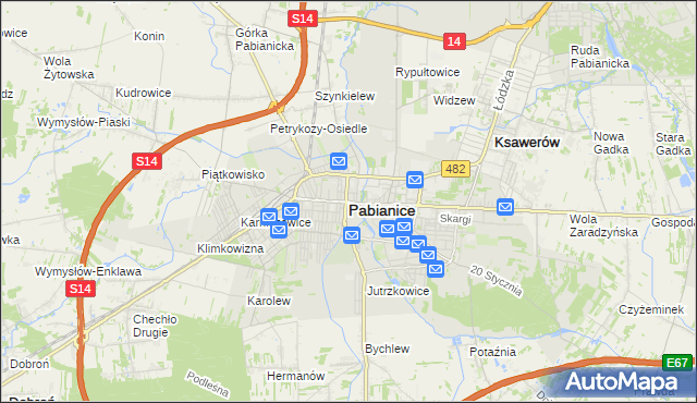 mapa Pabianic, Pabianice na mapie Targeo