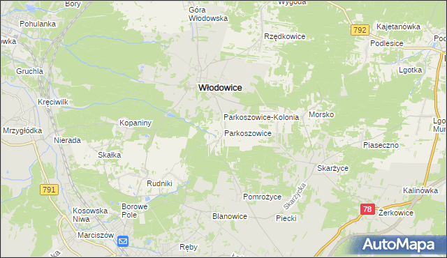 mapa Parkoszowice gmina Włodowice, Parkoszowice gmina Włodowice na mapie Targeo