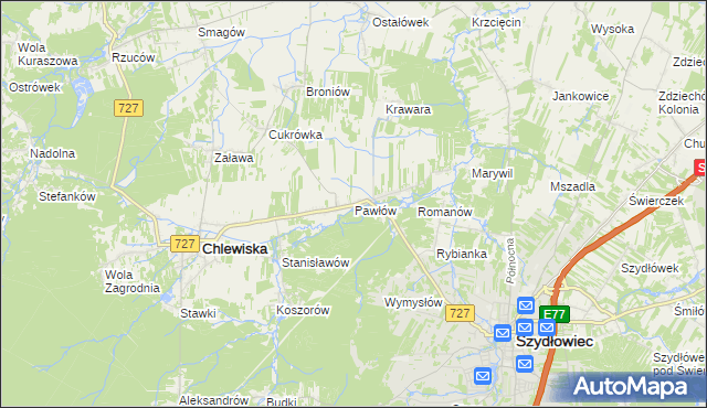 mapa Pawłów gmina Chlewiska, Pawłów gmina Chlewiska na mapie Targeo