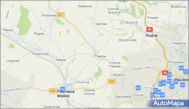 mapa Pawłów gmina Pietrowice Wielkie, Pawłów gmina Pietrowice Wielkie na mapie Targeo
