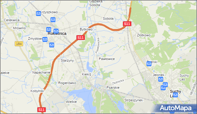 mapa Pawłowice gmina Rokietnica, Pawłowice gmina Rokietnica na mapie Targeo