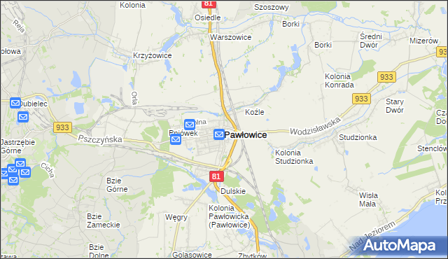 mapa Pawłowice powiat pszczyński, Pawłowice powiat pszczyński na mapie Targeo