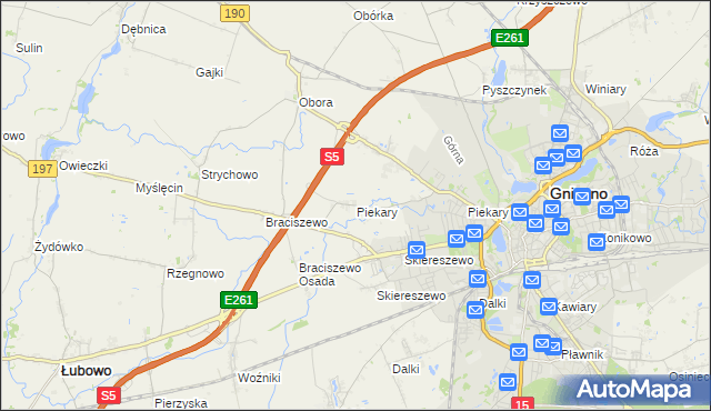 mapa Piekary gmina Gniezno, Piekary gmina Gniezno na mapie Targeo