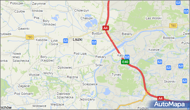 mapa Piekary gmina Liszki, Piekary gmina Liszki na mapie Targeo