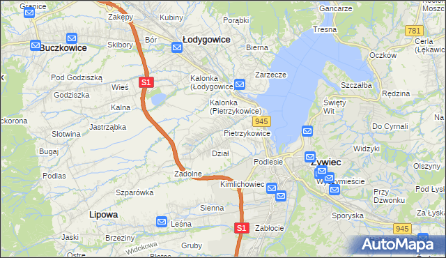 mapa Pietrzykowice gmina Łodygowice, Pietrzykowice gmina Łodygowice na mapie Targeo