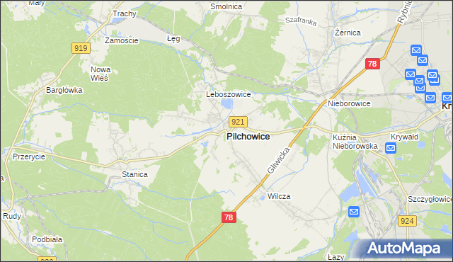 mapa Pilchowice powiat gliwicki, Pilchowice powiat gliwicki na mapie Targeo