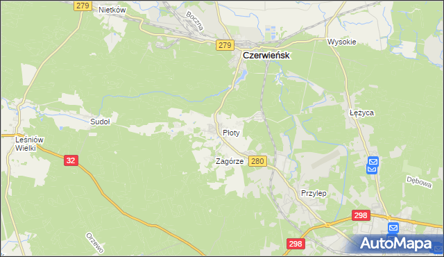mapa Płoty gmina Czerwieńsk, Płoty gmina Czerwieńsk na mapie Targeo
