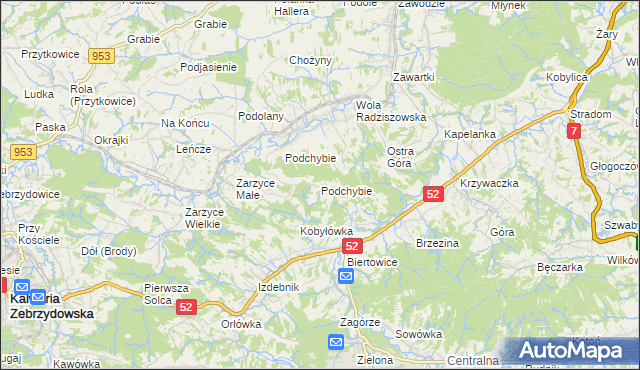 mapa Podchybie gmina Lanckorona, Podchybie gmina Lanckorona na mapie Targeo