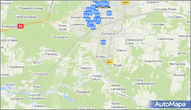 mapa Poręby gmina Bełchatów, Poręby gmina Bełchatów na mapie Targeo