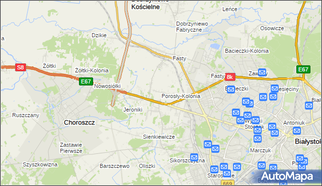 mapa Porosły-Kolonia, Porosły-Kolonia na mapie Targeo