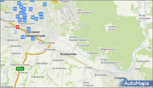 mapa Przyborów gmina Bodzechów, Przyborów gmina Bodzechów na mapie Targeo