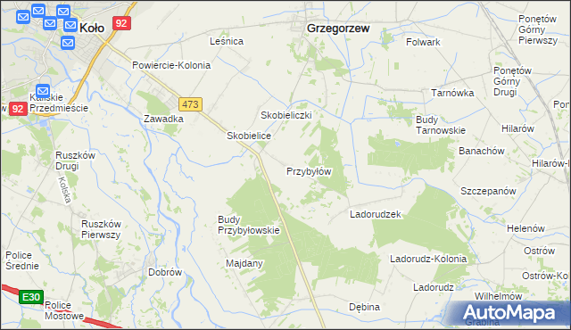 mapa Przybyłów gmina Koło, Przybyłów gmina Koło na mapie Targeo