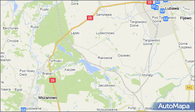mapa Rakowice gmina Lubawa, Rakowice gmina Lubawa na mapie Targeo