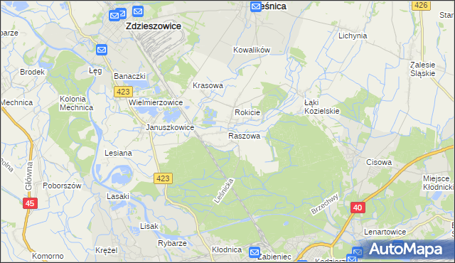 mapa Raszowa gmina Leśnica, Raszowa gmina Leśnica na mapie Targeo