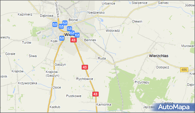 mapa Ruda gmina Wieluń, Ruda gmina Wieluń na mapie Targeo