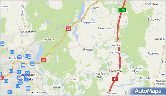 mapa Rywałd gmina Starogard Gdański, Rywałd gmina Starogard Gdański na mapie Targeo