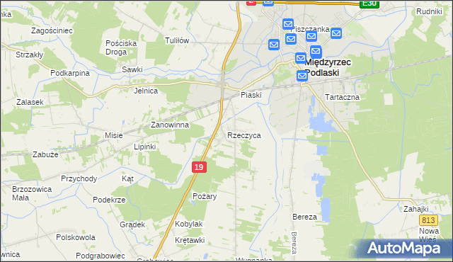 mapa Rzeczyca gmina Międzyrzec Podlaski, Rzeczyca gmina Międzyrzec Podlaski na mapie Targeo