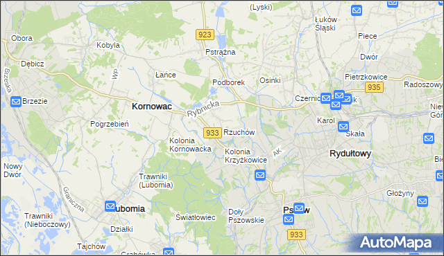 mapa Rzuchów gmina Kornowac, Rzuchów gmina Kornowac na mapie Targeo