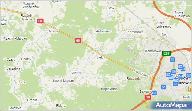 mapa Sielc gmina Ostrów Mazowiecka, Sielc gmina Ostrów Mazowiecka na mapie Targeo