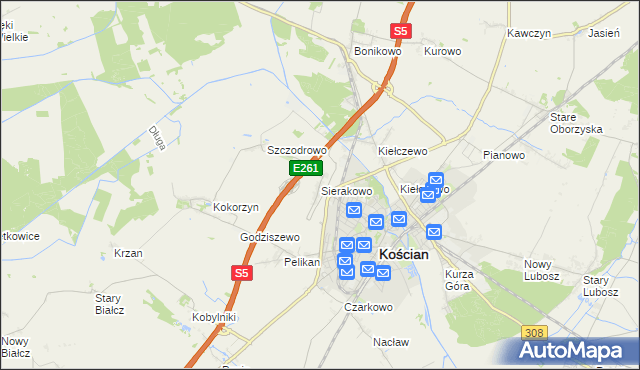 mapa Sierakowo gmina Kościan, Sierakowo gmina Kościan na mapie Targeo