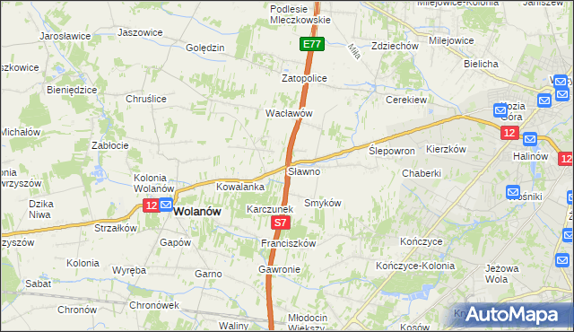 mapa Sławno gmina Wolanów, Sławno gmina Wolanów na mapie Targeo