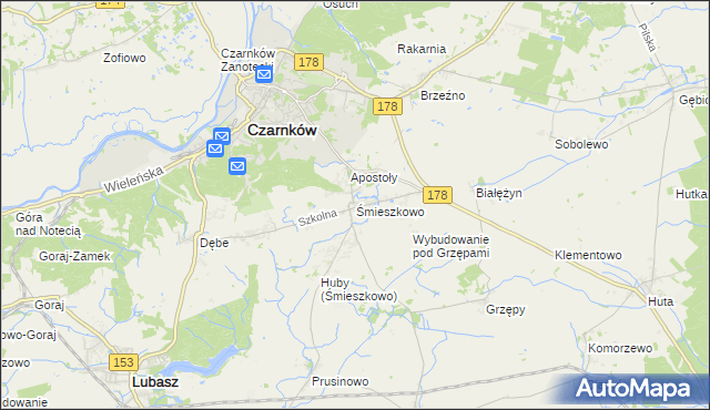 mapa Śmieszkowo gmina Czarnków, Śmieszkowo gmina Czarnków na mapie Targeo