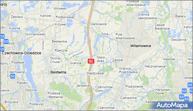 mapa Stara Wieś gmina Wilamowice, Stara Wieś gmina Wilamowice na mapie Targeo