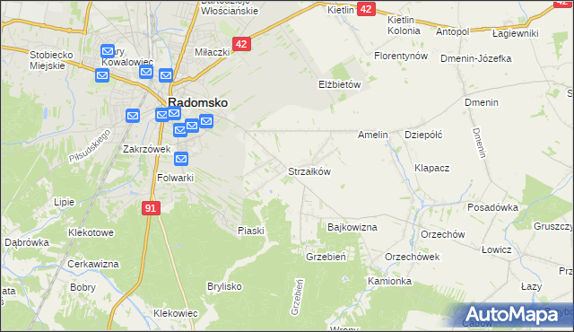 mapa Strzałków gmina Radomsko, Strzałków gmina Radomsko na mapie Targeo