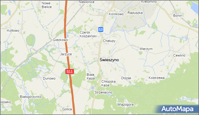 mapa Świeszyno powiat koszaliński, Świeszyno powiat koszaliński na mapie Targeo