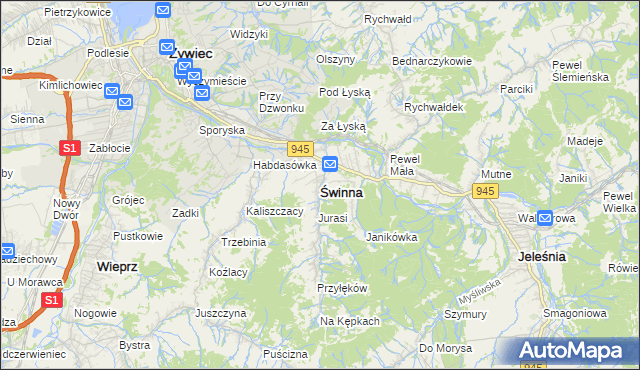 mapa Świnna powiat żywiecki, Świnna powiat żywiecki na mapie Targeo