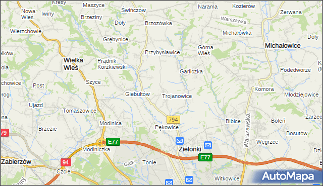 mapa Trojanowice gmina Zielonki, Trojanowice gmina Zielonki na mapie Targeo