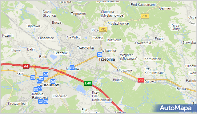 mapa Trzebinia powiat chrzanowski, Trzebinia powiat chrzanowski na mapie Targeo