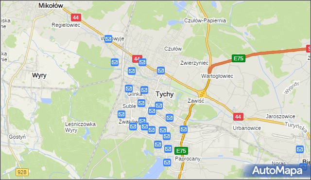 mapa Tychów, Tychy na mapie Targeo