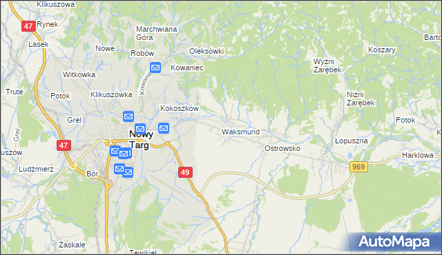 mapa Waksmund, Waksmund na mapie Targeo
