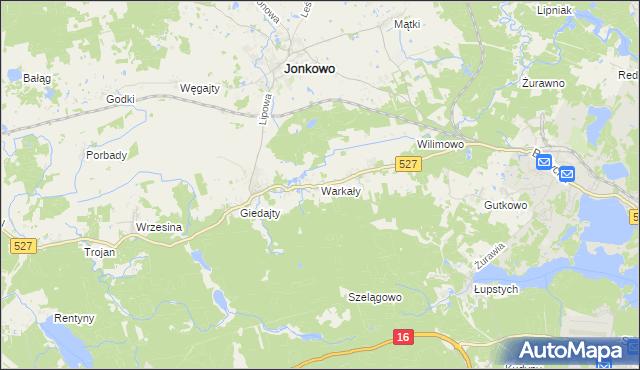 mapa Warkały gmina Jonkowo, Warkały gmina Jonkowo na mapie Targeo