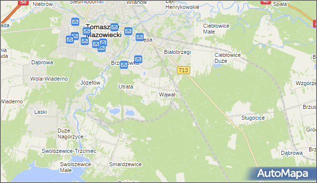 mapa Wąwał gmina Tomaszów Mazowiecki, Wąwał gmina Tomaszów Mazowiecki na mapie Targeo