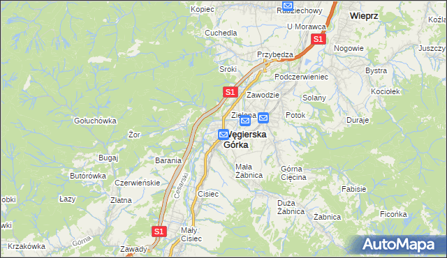 mapa Węgierska Górka, Węgierska Górka na mapie Targeo