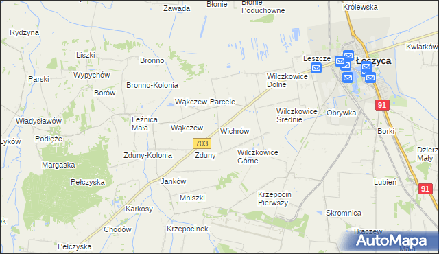 mapa Wichrów gmina Łęczyca, Wichrów gmina Łęczyca na mapie Targeo