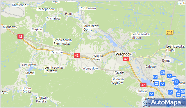 mapa Wielka Wieś gmina Wąchock, Wielka Wieś gmina Wąchock na mapie Targeo