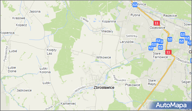 mapa Wilkowice gmina Zbrosławice, Wilkowice gmina Zbrosławice na mapie Targeo