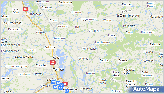mapa Witanowice gmina Tomice, Witanowice gmina Tomice na mapie Targeo