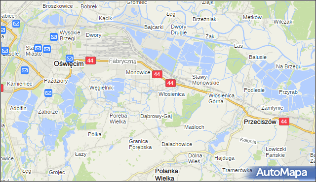 mapa Włosienica gmina Oświęcim, Włosienica gmina Oświęcim na mapie Targeo