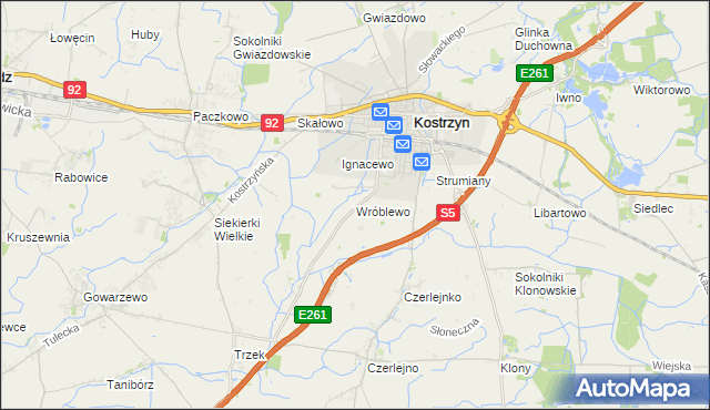mapa Wróblewo gmina Kostrzyn, Wróblewo gmina Kostrzyn na mapie Targeo